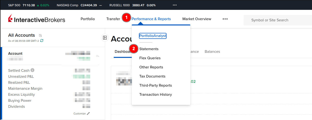 Interactive Brokers - ekran z opcjami "Performance & Reports" (1) i "Statements" (2)