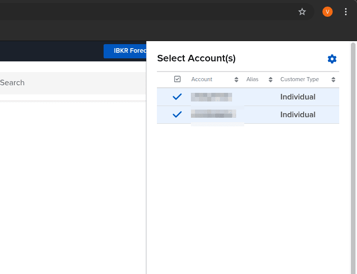 Interactive Brokers - lista kont do zaznaczenia przed eksportem
