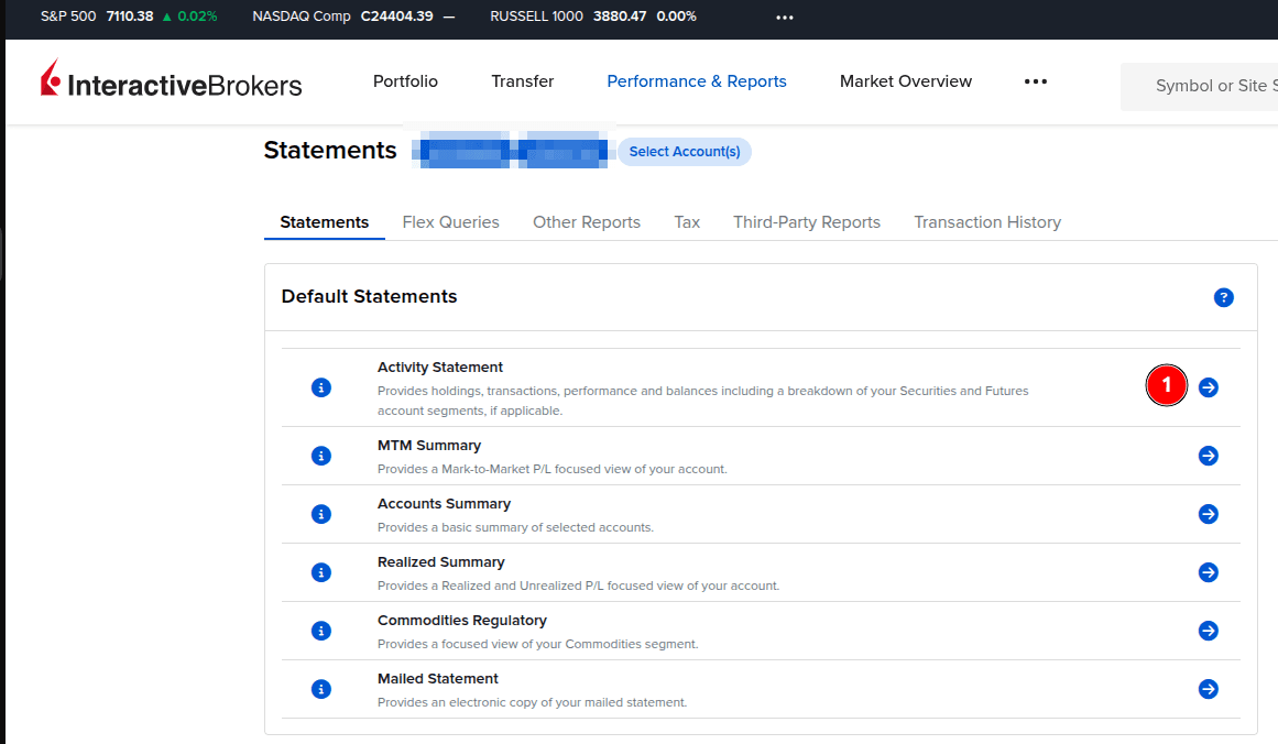 Interactive Brokers - wybór opcji "Activity Statements" (1)